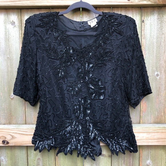 J.R.T. Vintage 80s Sequin Silk Top Size L Black Beaded Half Sleeve Sparkle - Picture 1 of 12